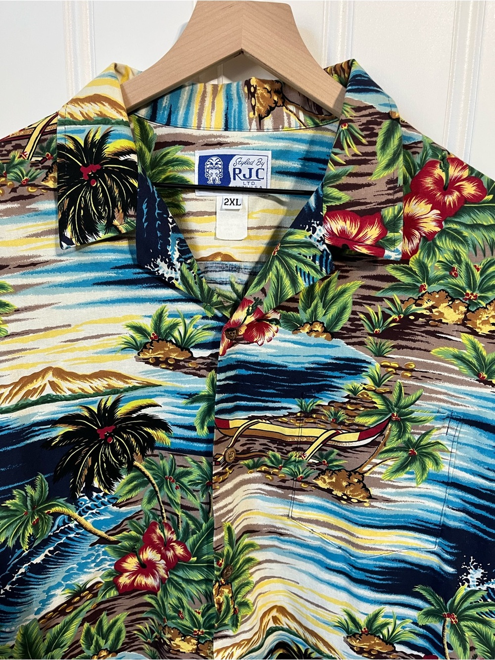 RJC Ltd Made In Hawaii Outrigger Canoes Palms Vacation Button Up Men’s 2XL